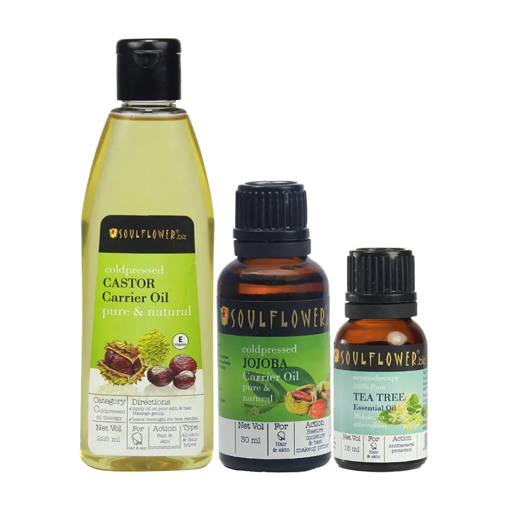 Soulflower Jojoba Oil Castor Oil & Tea Tree Essential Oil Combo