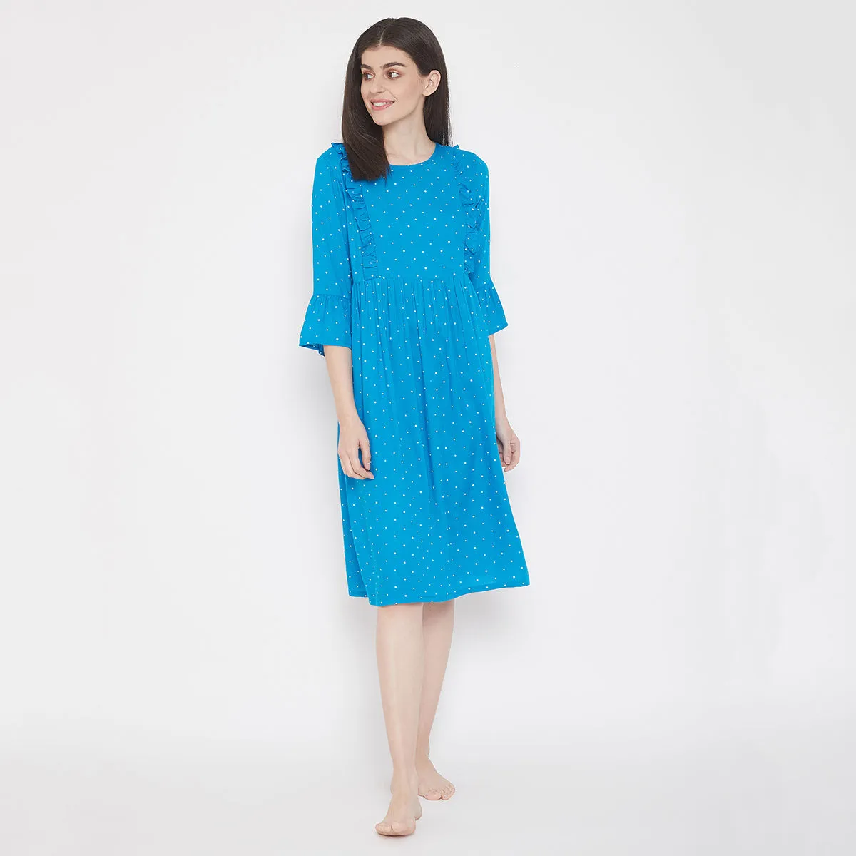 Clovia Feeding Polka Print Short Night Dress in Light Blue- Cotton Rich (XL)