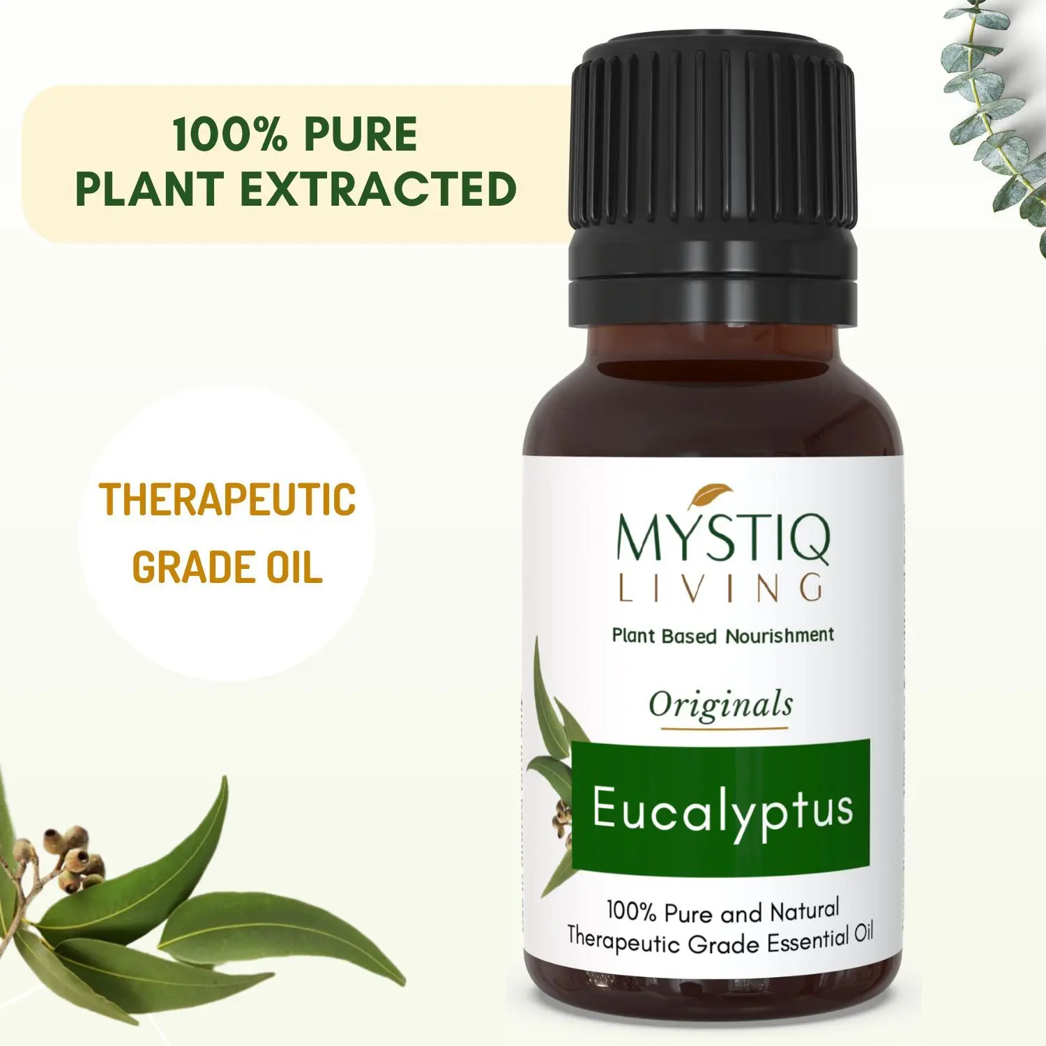 Mystiq Living Originals - Eucalyptus Essential Oil 100% Pure, Natural, Undiluted & Therapeutic Grade for Hair, Beard, Skin, Face and Diffuser- 15ml