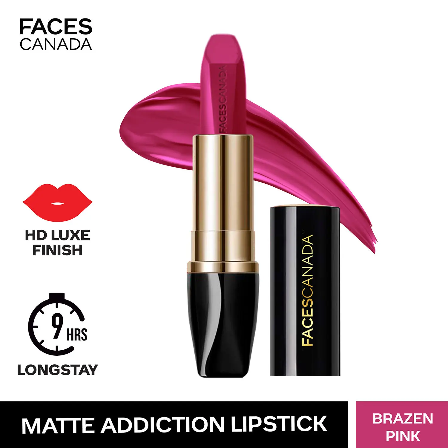 FACESCANADA Matte Addiction Lipstick Brazen Pink 01 I 9 HR Longstay I HD Finish I Hydrating Comfort I Primer Infused I With Mulberry & Shea Butter I 3.7g