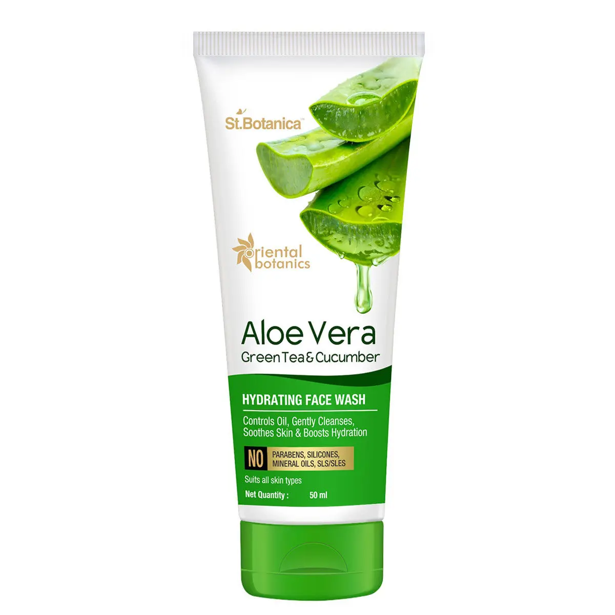 Oriental Botanics Aloe Vera, Green Tea & Cucumber Hydrating Face Wash, 50 ml | Infused with Aloe Vera, Green Tea & Cucumber | Hydrates & Gently Cleanses | No Parabens & Sulphates | Cruelty Free