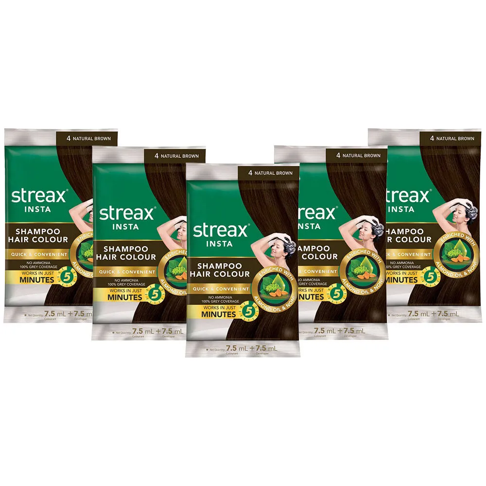 Streax Insta Shampoo Hair Colour - Natural Brown Pack Of 5