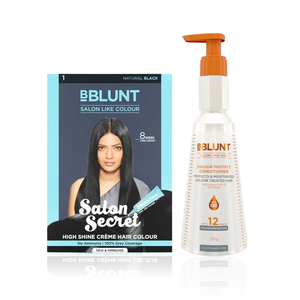 BBlunt Salon Secret High Shine Creme Hair Colour - Natural Black (152 ml) + BBLUNT Colour Protect Conditioner- 250 g