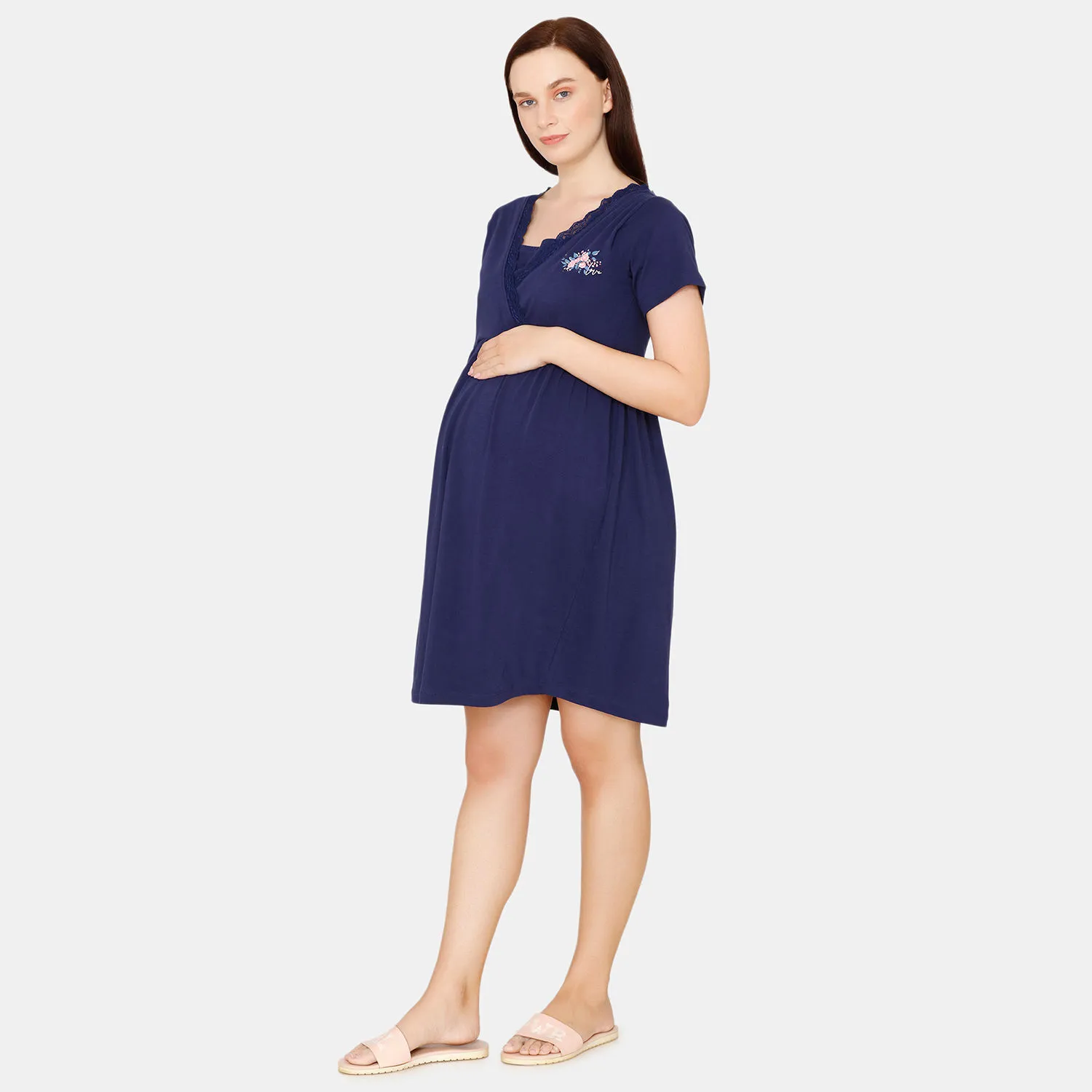 Zivame Maternity Knit Cotton Knee Length Nightdress - Medieval - Blue (S)