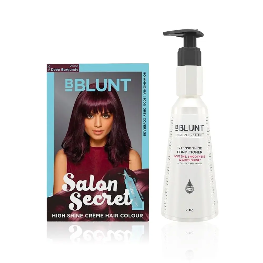 BBLUNT Salon Secret High Shine Creme Hair Colour Deep Burgundy 4.20 (100 g) With Shine Tonic (8 ml)+BBLUNT Intense Shine Conditioner with Rice & Silk Protein for Softer Smoother & Shinier Hair-250gm