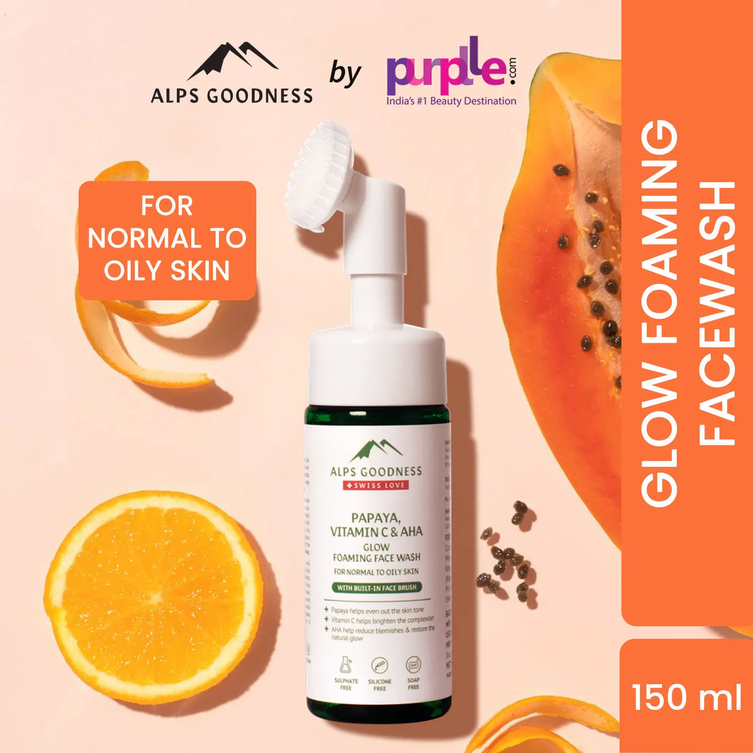 Alps Goodness Papaya, Vitamin C & AHA Glow Foaming Face Wash For Normal to Oily Skin (150 ml)