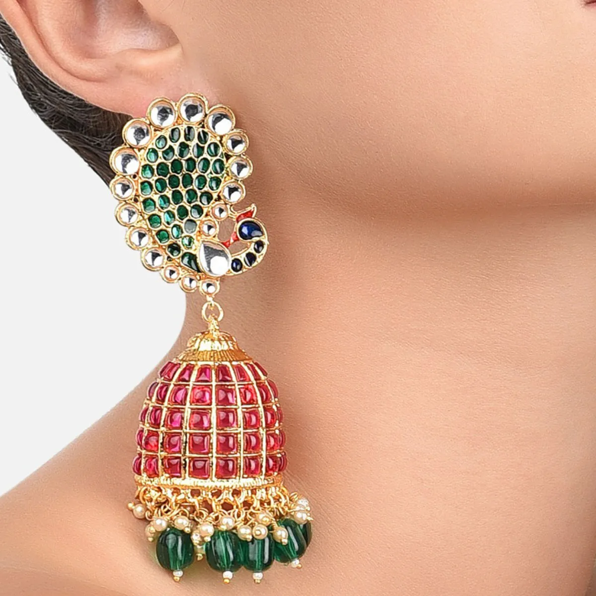 Zaveri Pearls Pink & Green Peacock Inspired Meenakari Jhumki Earring (ZPFK10342)