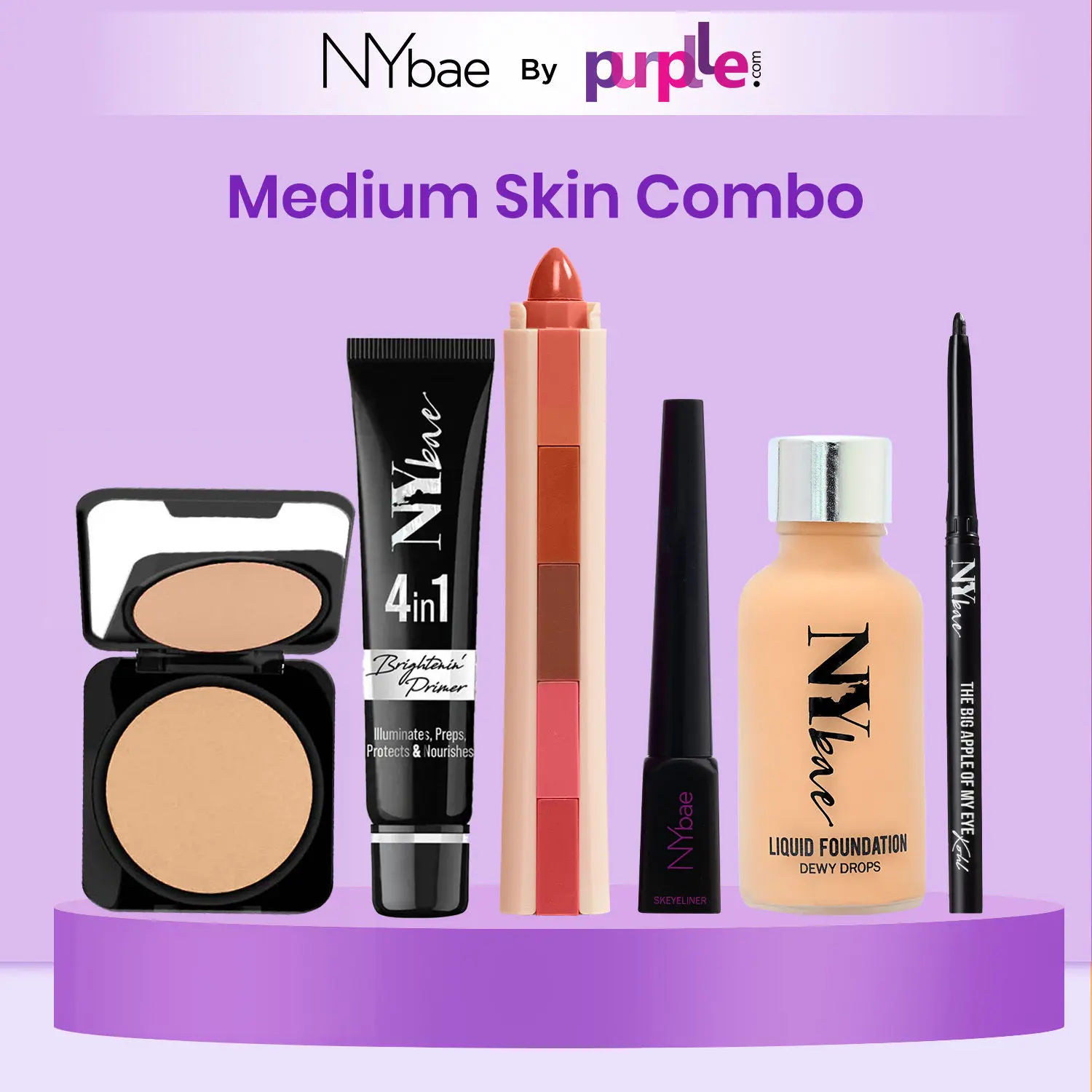 NY Bae Makeup Essentials Kit |Black Kajal | Matte Eyeliner | Lip Crayon | Primer | Compact | Glowy Foundation| Everyday Makeup - Medium Skin