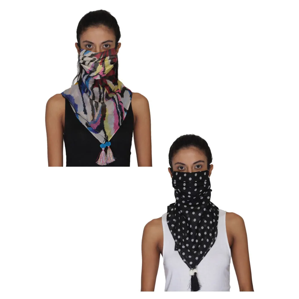 Anekaant Pack Of 2 Multicolor 3-Ply Reusable Printed Tasselled Scarf Style Fashion Mask