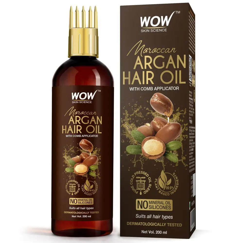 WOW Skin Science Moroccan Argan Hair Oil - WITH COMB APPLICATOR - Cold Pressed (200 ml)