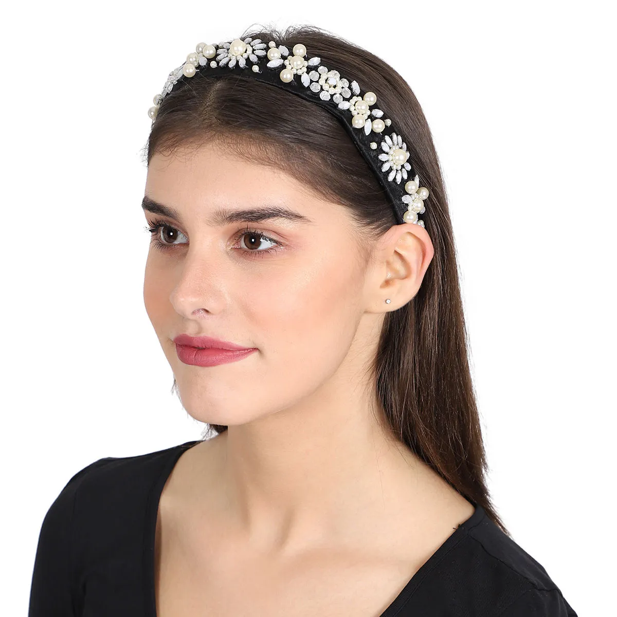 Anekaant Black/white Velvet Floral Beaded Hairband