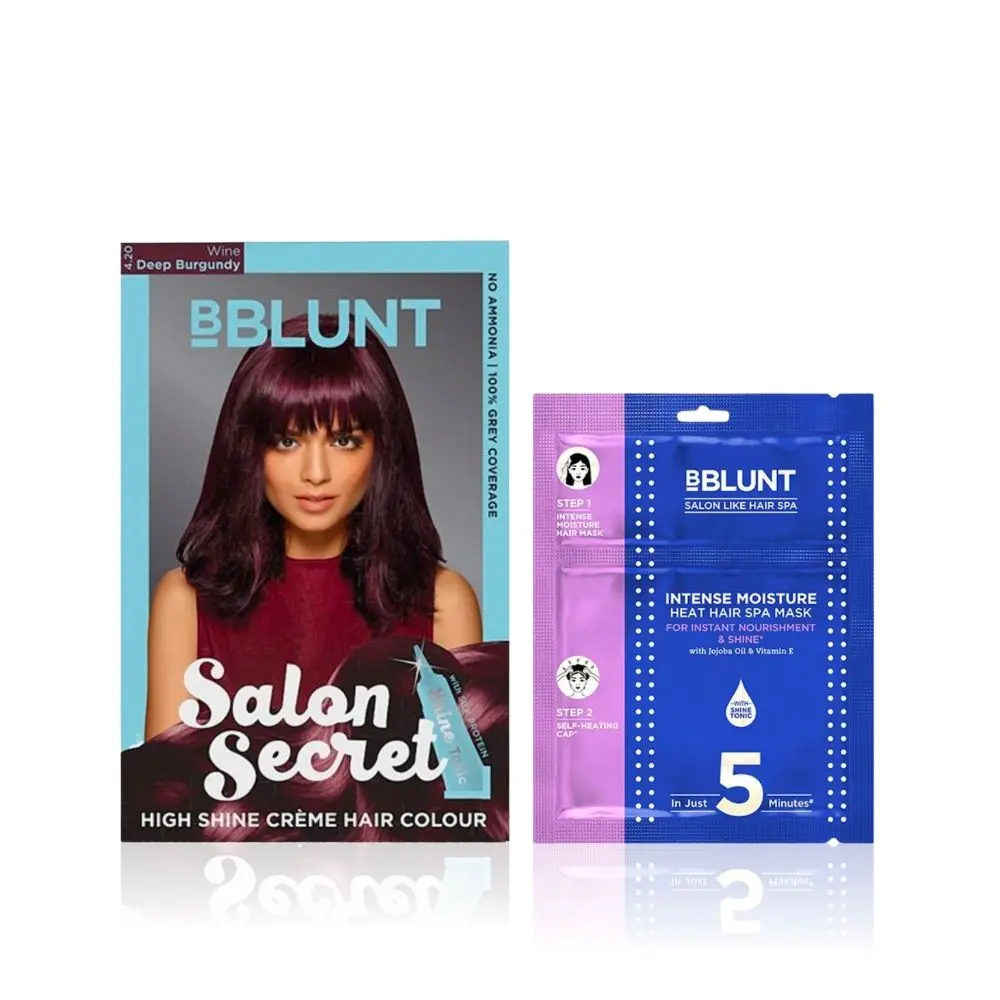 BBLUNT Salon Secret High Shine Creme Hair Colour Deep Burgundy 4.20 (100 g) With Shine Tonic (8 ml)+BBLUNT Intense Moisture Heat Hair Spa Mask with Jojoba Oil & Vitamin E - 70 gm