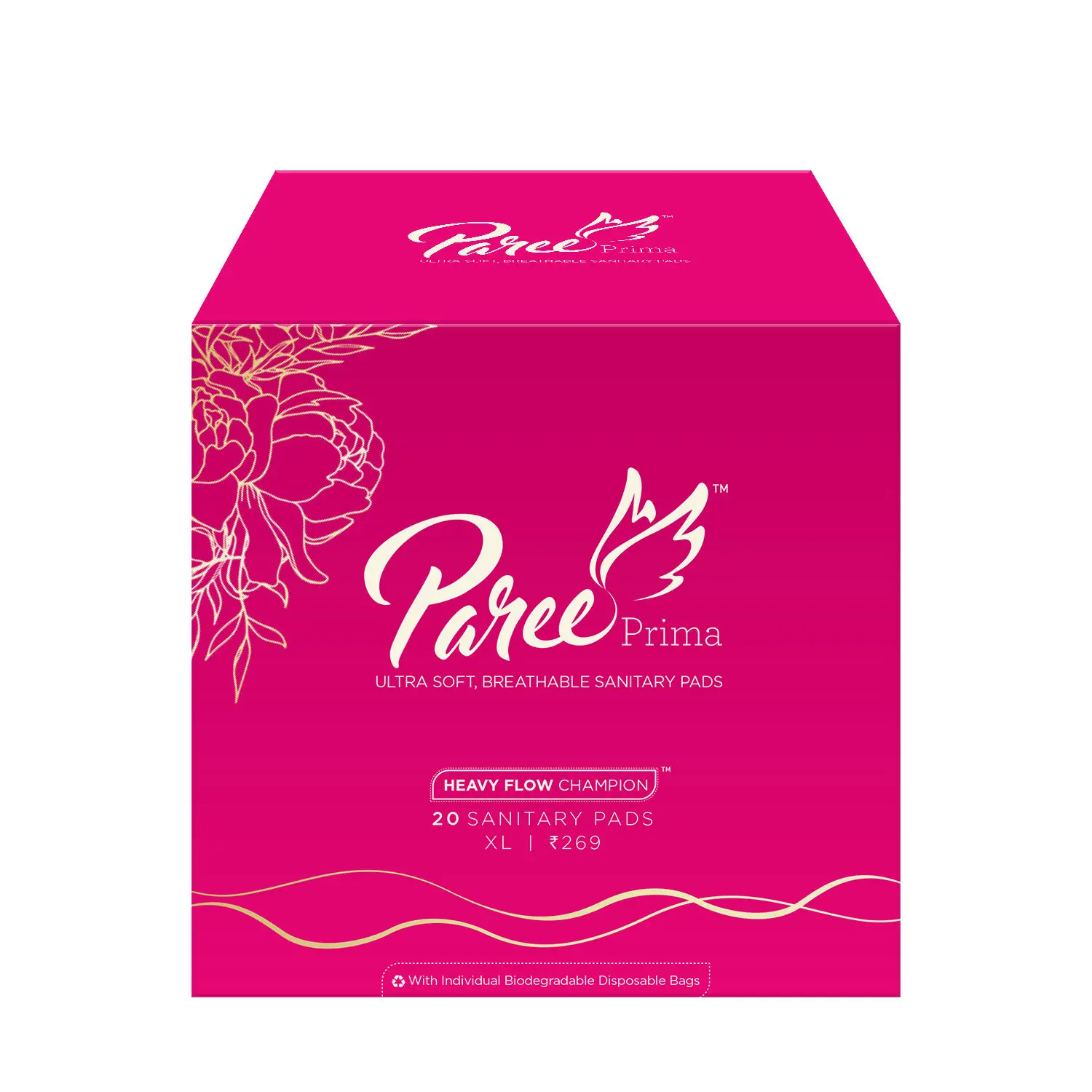 Paree Prima Premium Ultra Soft Sanitary Pads for Women with Breathable Back Sheet And Super Soft Top Sheet for Heavy Flow, XL| Biodegradable Disposable Bags, 20 Pads