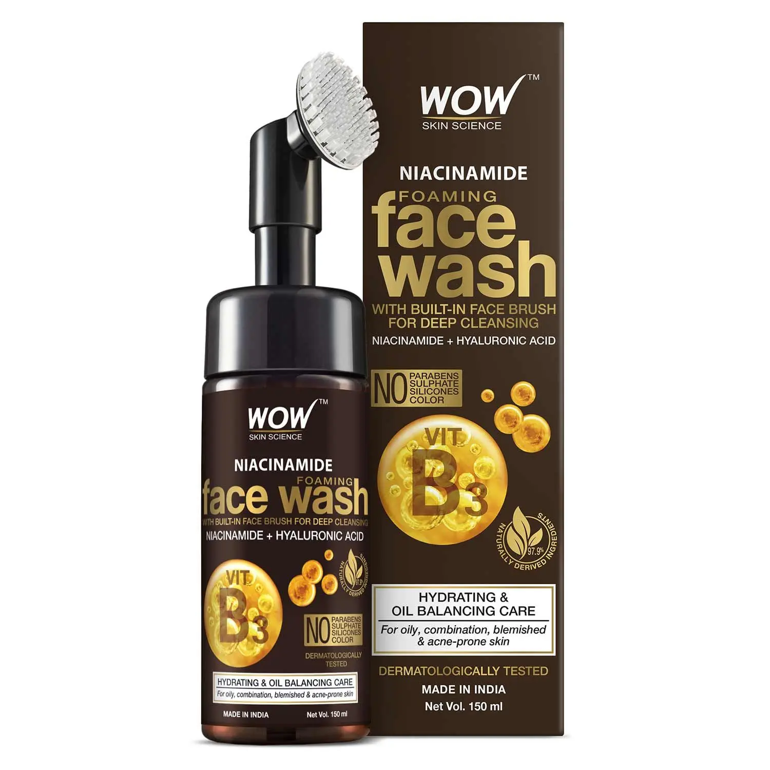 WOW Skin Science Niacinamide Foaming Face Wash For Blemishes, Oil Control & Acne Spots - with Built-In Brush (150 ml)