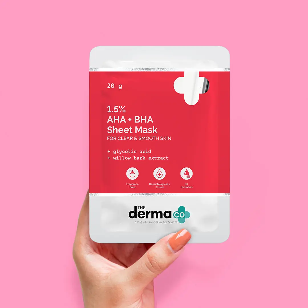 The Derma Co.1.5% AHA + BHA Sheet Mask With Glycolic Acid & Willow Bark for Oily Acne Prone Skin- 20 g