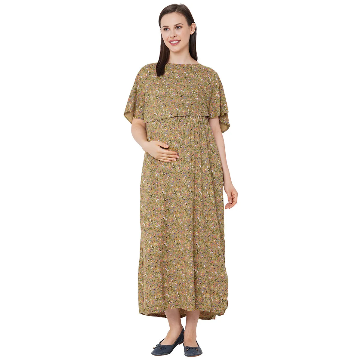 Mystere Paris Chic Floral Maternity Maxi Dress - Green (XL)