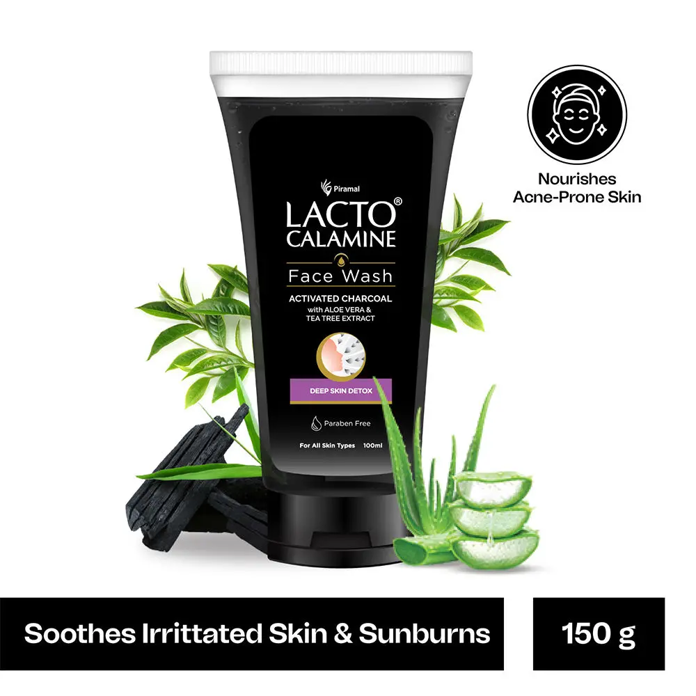 Lacto Calamine Activated Charcoal Face Wash with Aloe Vera & Tea Tree Extract for Deep Skin Detox. Removes impurities and fights blackheads & whiteheads. No Parabens, No Sulphates - 100 ml