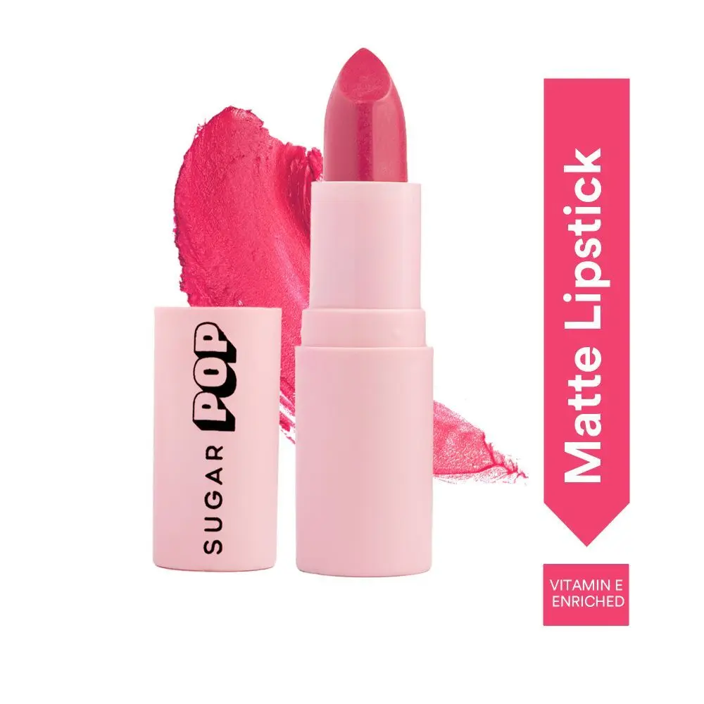 SUGAR POP Matte Lipstick - 02 Candy (Bright Pink) – 4.2 gm – Rich Satin-matte Texture, Non-drying Formula, Long Lasting, Vegan, Paraben Free l Lipstick for Women