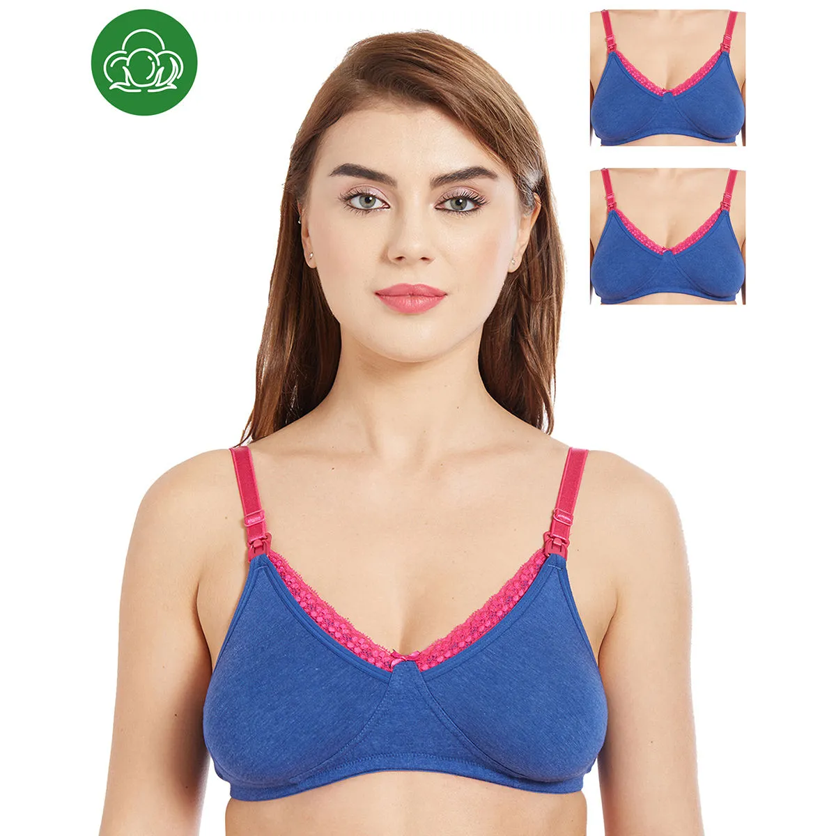 Inner Sense Organic Cotton Antimicrobial Laced Nursing Bra Pack of 3 - Blue (36D)