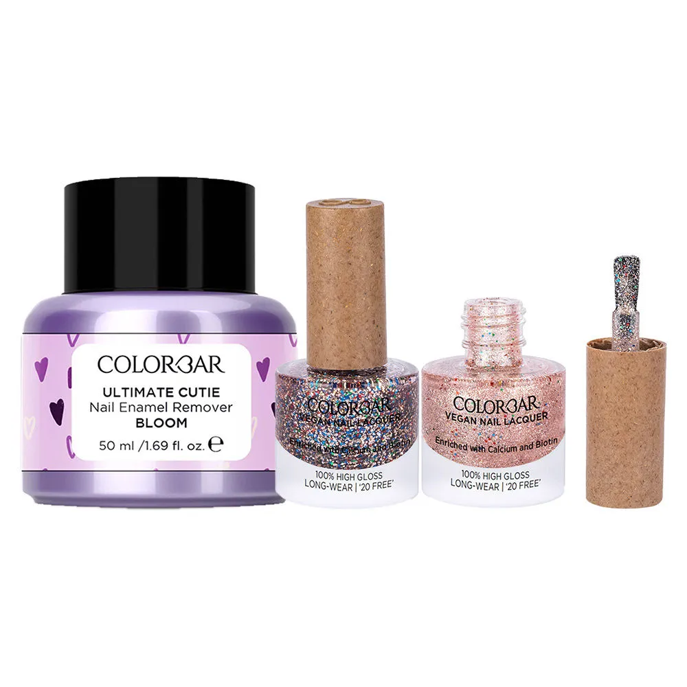 Colorbar Vegan Nail Lacquer - Frill + Confetti + Nail Enamel Remover - Purple Combo