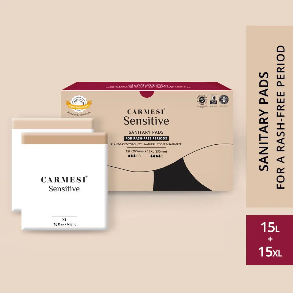 Carmesi Sensitive - Sanitary Pads for Rash-Free Periods (15 Large + 15 XL)