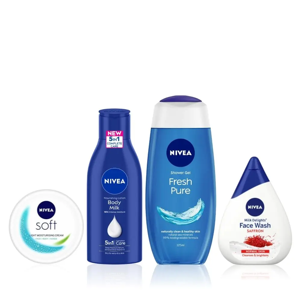 NIVEA Ultimate Skin Nourishment Kit 3 (Fresh Pure Shower Gel(125ml)+Saffron Face Wash(100ml)+Almond Oil Body Lotions(120ml)+Soft Moisturising Cream(50ml))