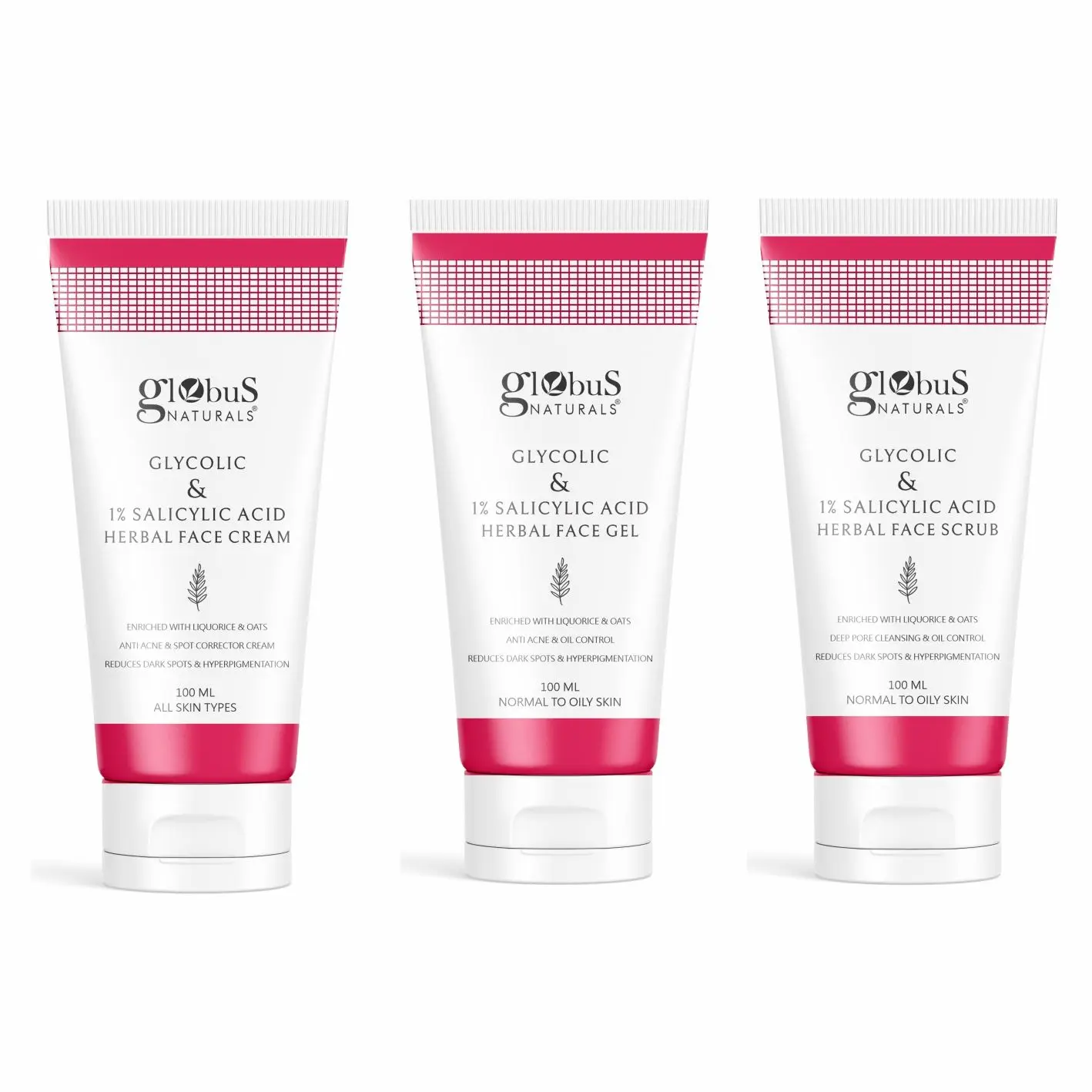 Globus Naturals Glycolic & 1% Salicylic Acid Anti-Acne Face care Combo - Set of 3 Face Cream, Face Gel & Face Scrub