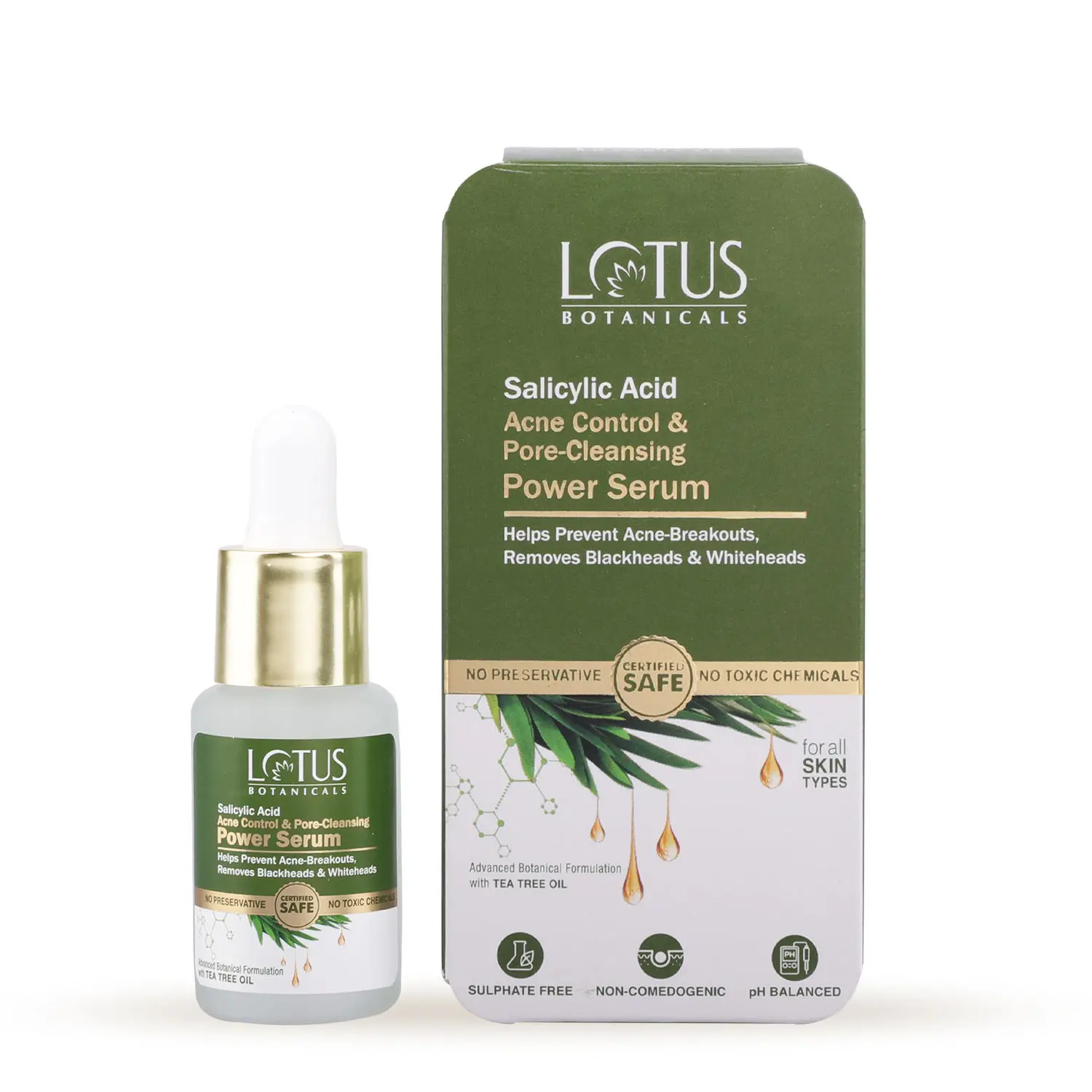 Lotus Botanicals Salicylic Acid & Tea Tree Acne Control & Pore Cleansing Power Serum | All Skin type|Paraben & Sulphate Free| 14ml