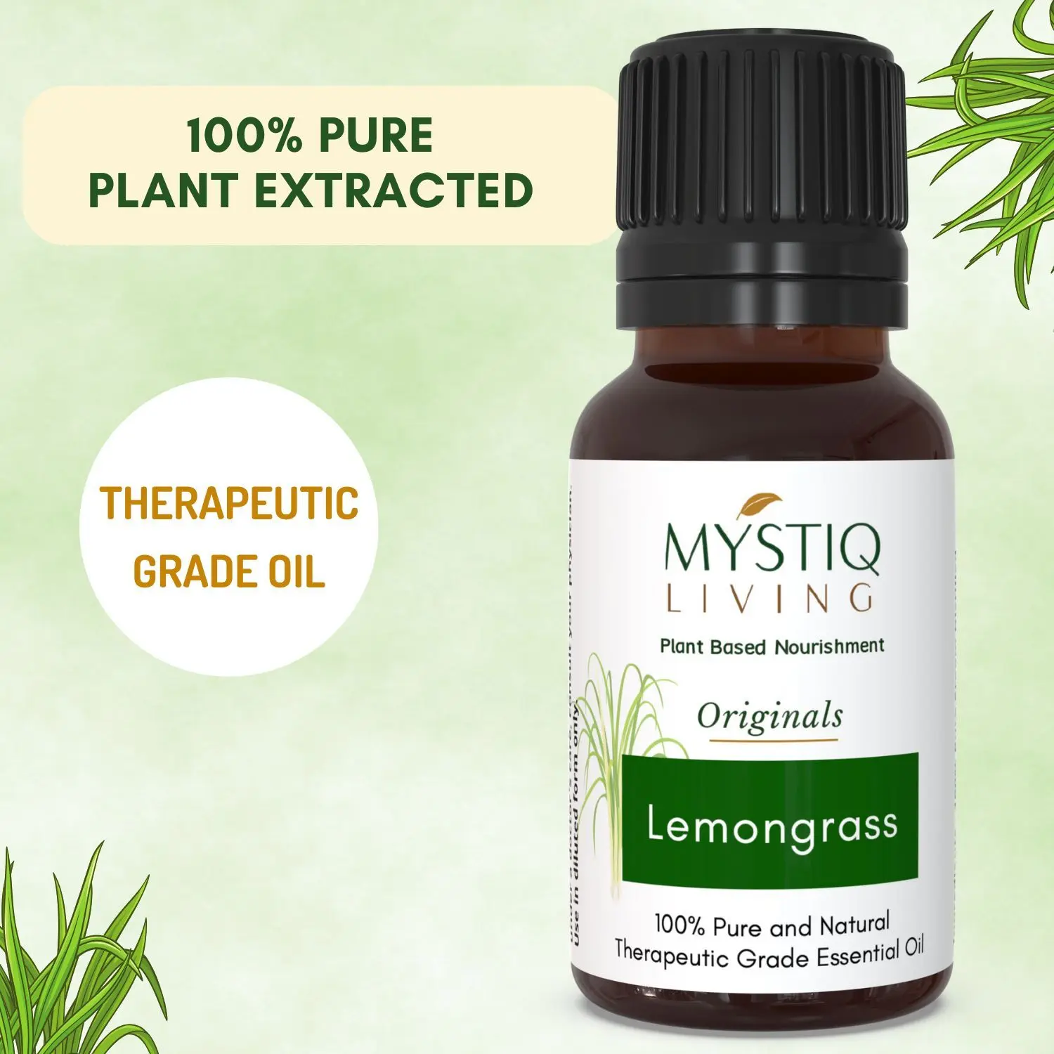 Mystiq Living Originals - Lemongrass Essential Oil 100% Pure, Natural, Undiluted & Therapeutic Grade for Face, Nails, Hair, Skin, Natural Mosquito Repellent- 15ml