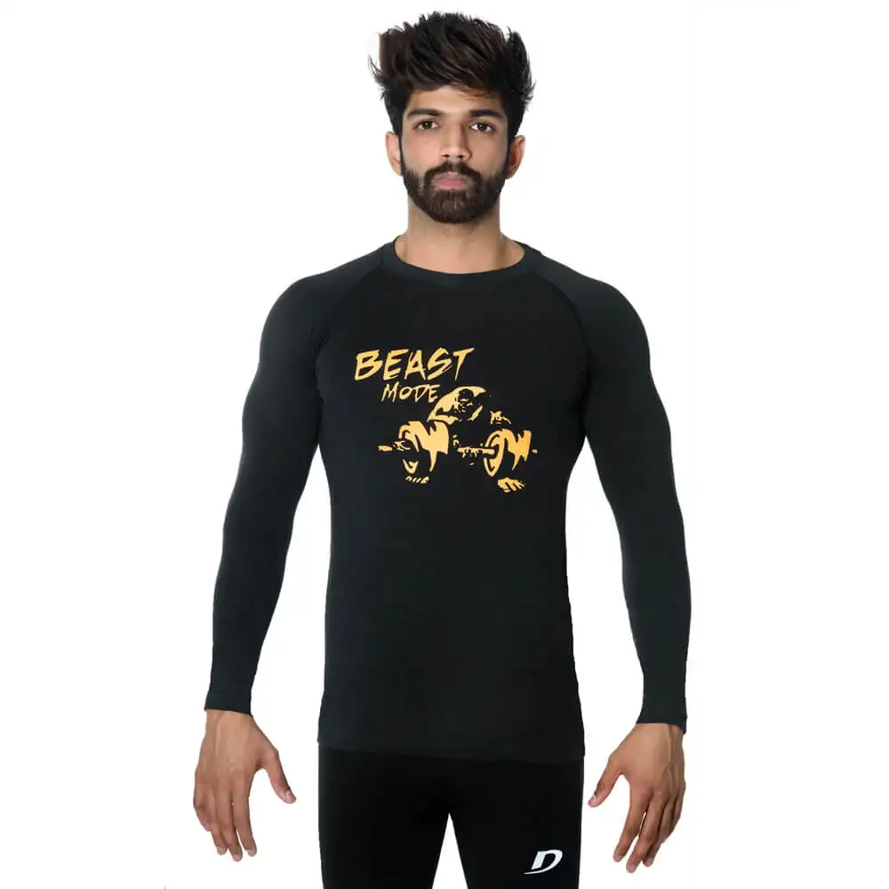 DK Active Wear Full Sleeve Gym T Shirt (Beast Mode),  Black and Yellow  Small