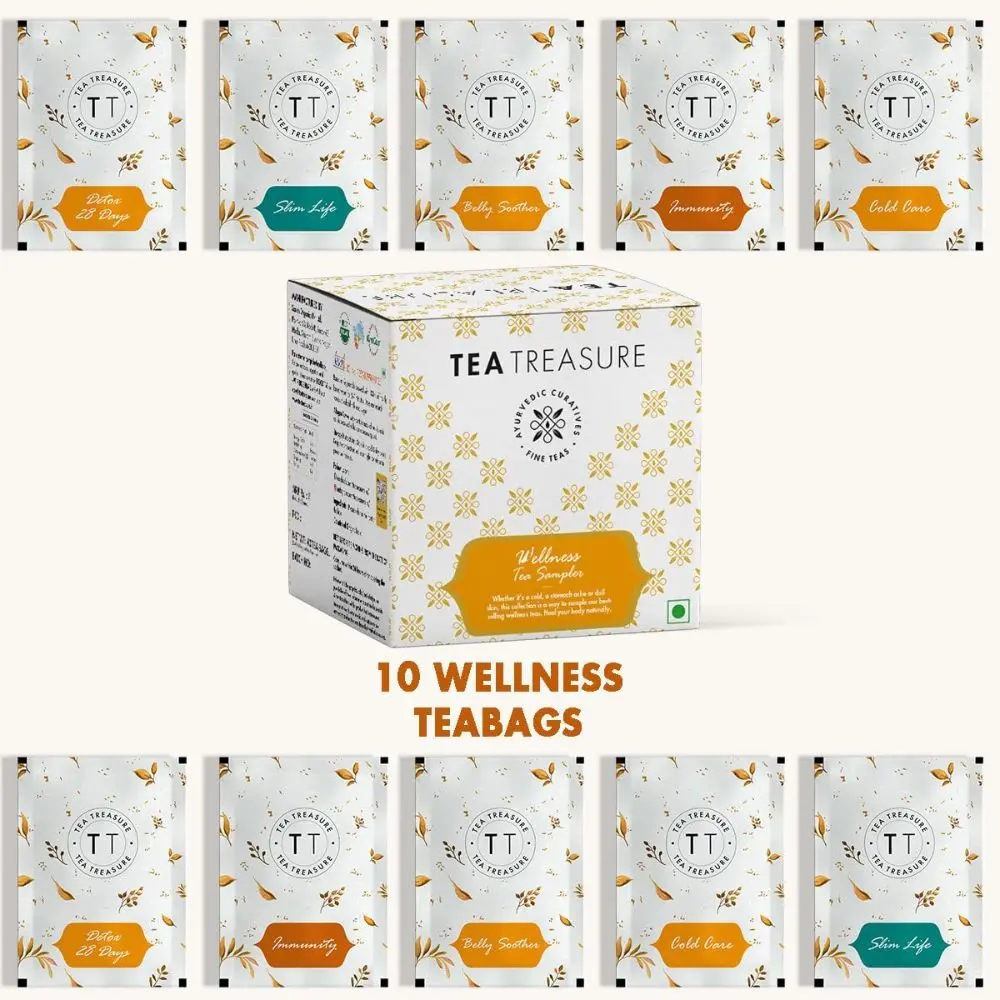 Tea Treasure Wellness Tea Sampler: Immunity Tea, Belly soother Tea, Slim Life Tea, Cold Care, 28 Day Detox Tea (Each 2 Tea bags)