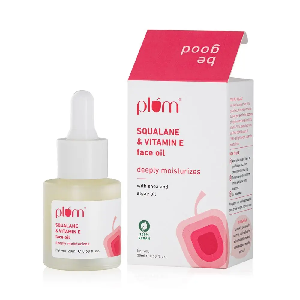 Plum Plum Squalane & Vitamin E Face Oil with Liquid Shea Butter & Algae Oil | For deep moisturization | For Soft, Supple Skin | Fragrance-Free | Quick Absorbing | Suits most skin types | 100% Vegan (20 ml)