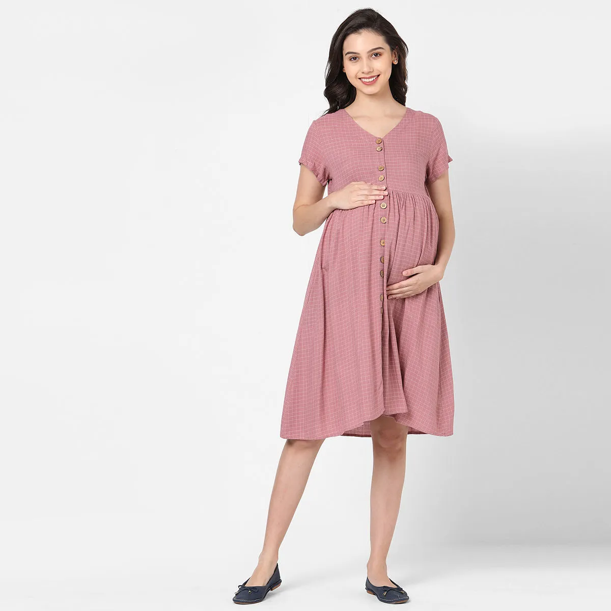 Mystere Paris Checked Maternity Dress - Pink (2XL)