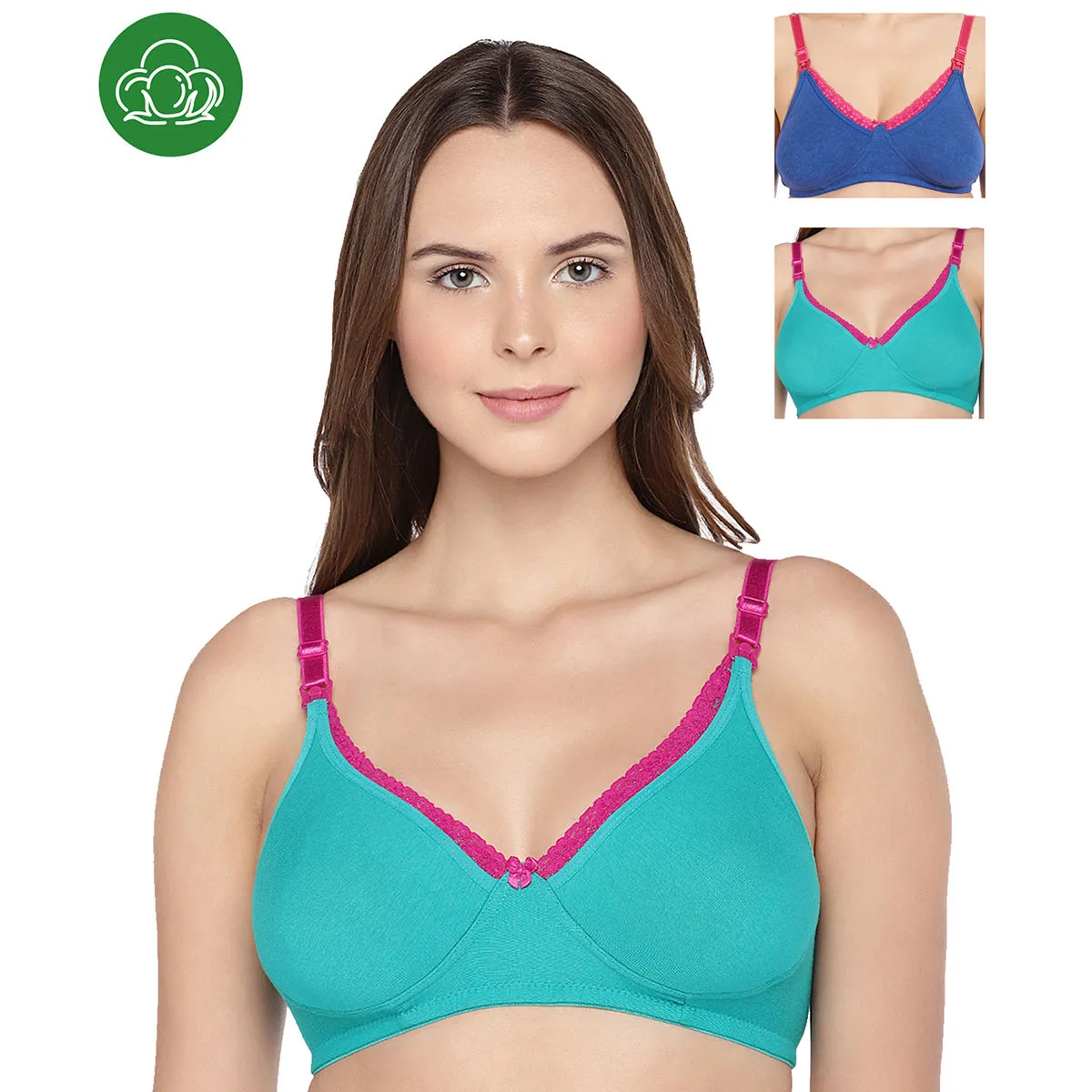 Inner Sense Organic Cotton Antimicrobial Laced Nursing Bra Pack of 3 - Multi-Color (42C)