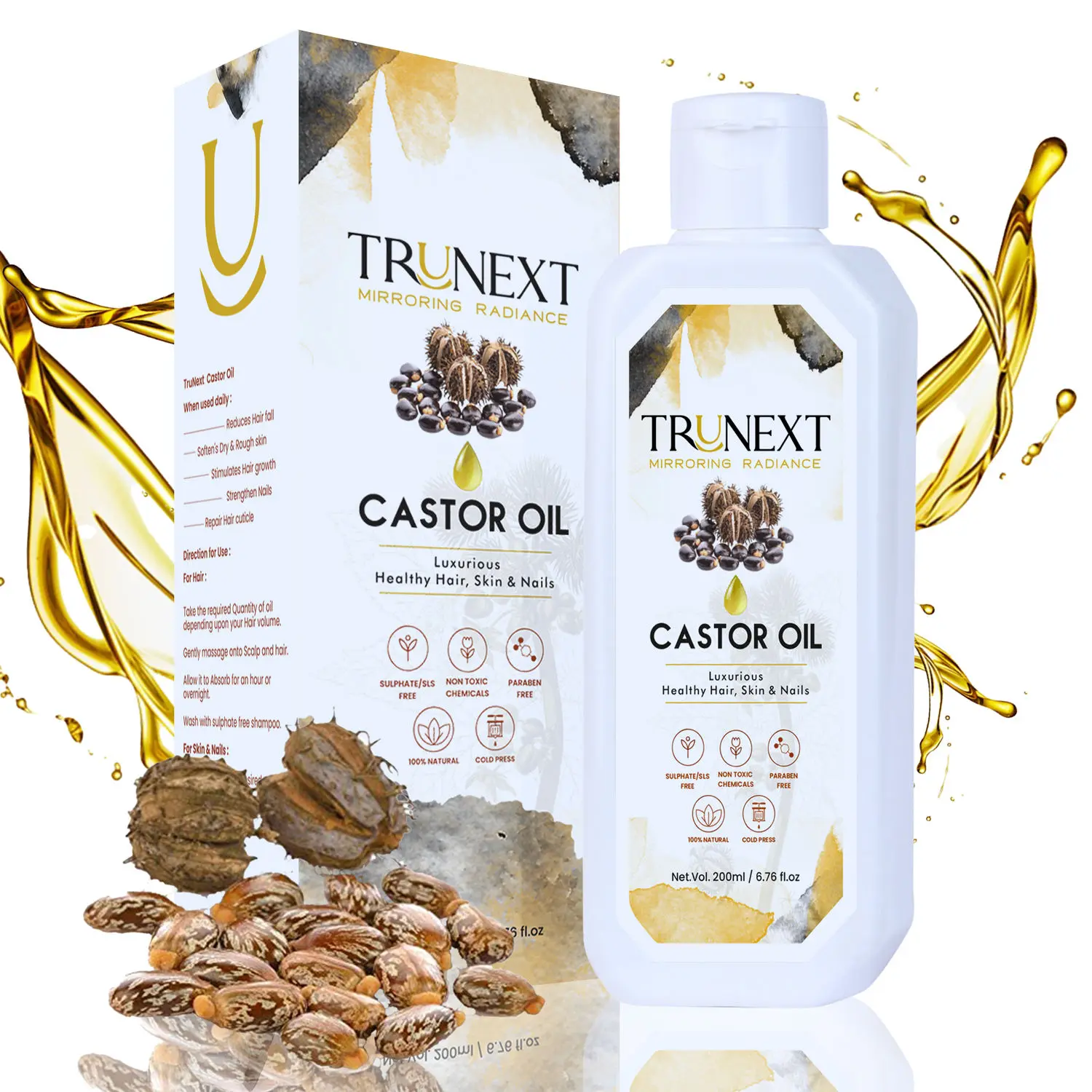 TRUNEXT Cold Pressed Pure Castor Hair Oil For Hair Growth, (200 ml)