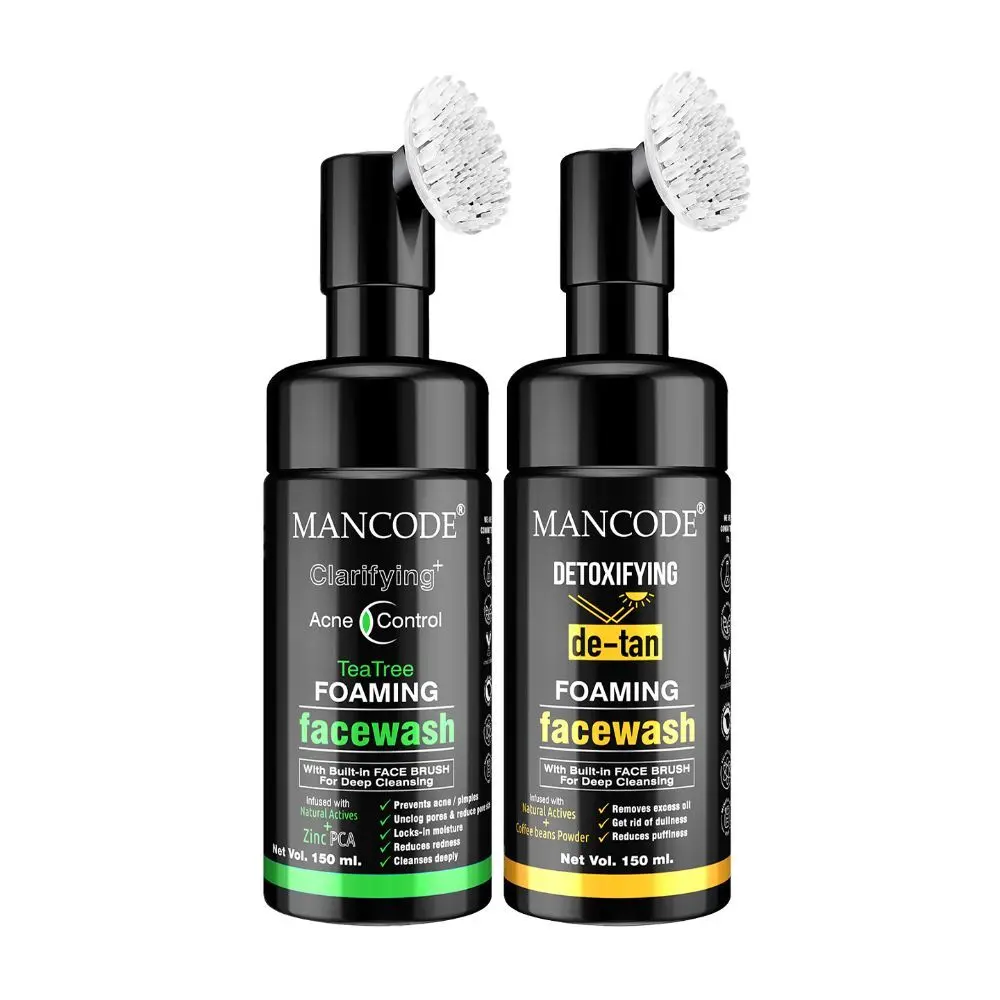 Mancode Clarifying Acne Control Tea Tree & Detoxifying De Tan Foaming Facewash (With Bult-in Brush),150ml Each (Pack of 2)