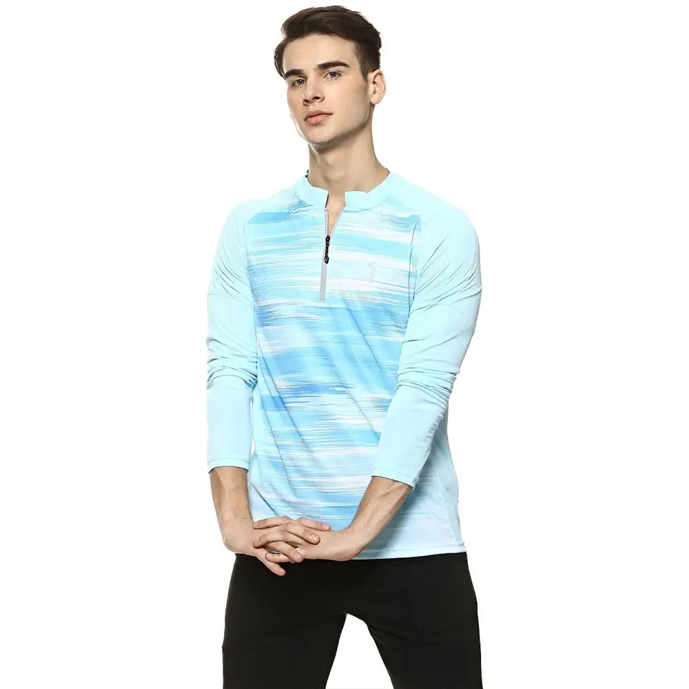 Campus Sutra Graphic Print Men Mandarin Collar T Shirt,  Sea Blue  Large