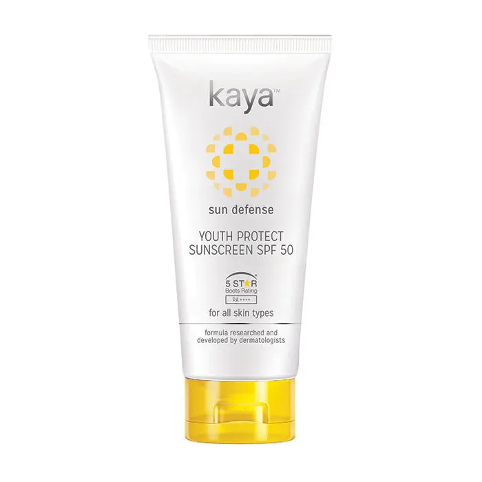 Kaya Youth Protect Sunscreen SPF 50 PA++++ 5 Star Boots Rating light weight PABA free all skin types 50ml