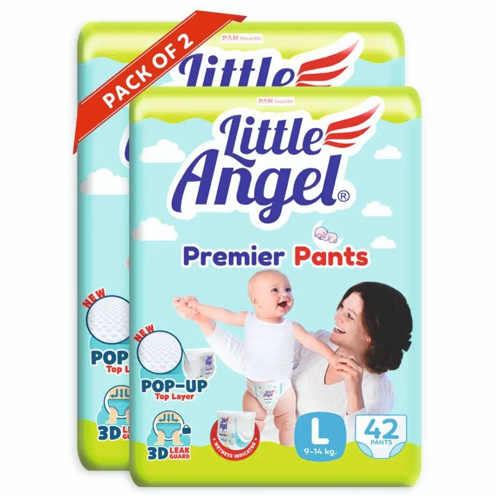 Little Angel Premier Pants Baby Diapers, Large (L) Size, 84 Count, Combo Pack of 2, 42 Count/pack with Wetness Indicator, 9-14 Kg