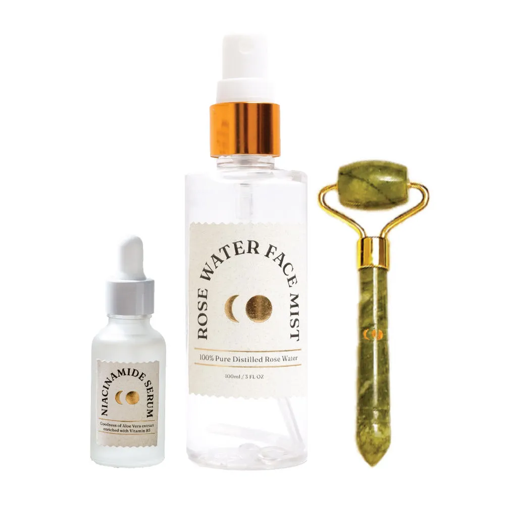 Dromen & Co Rose Water Face Mist + Niacinaide Serum + Mini Jade Roller