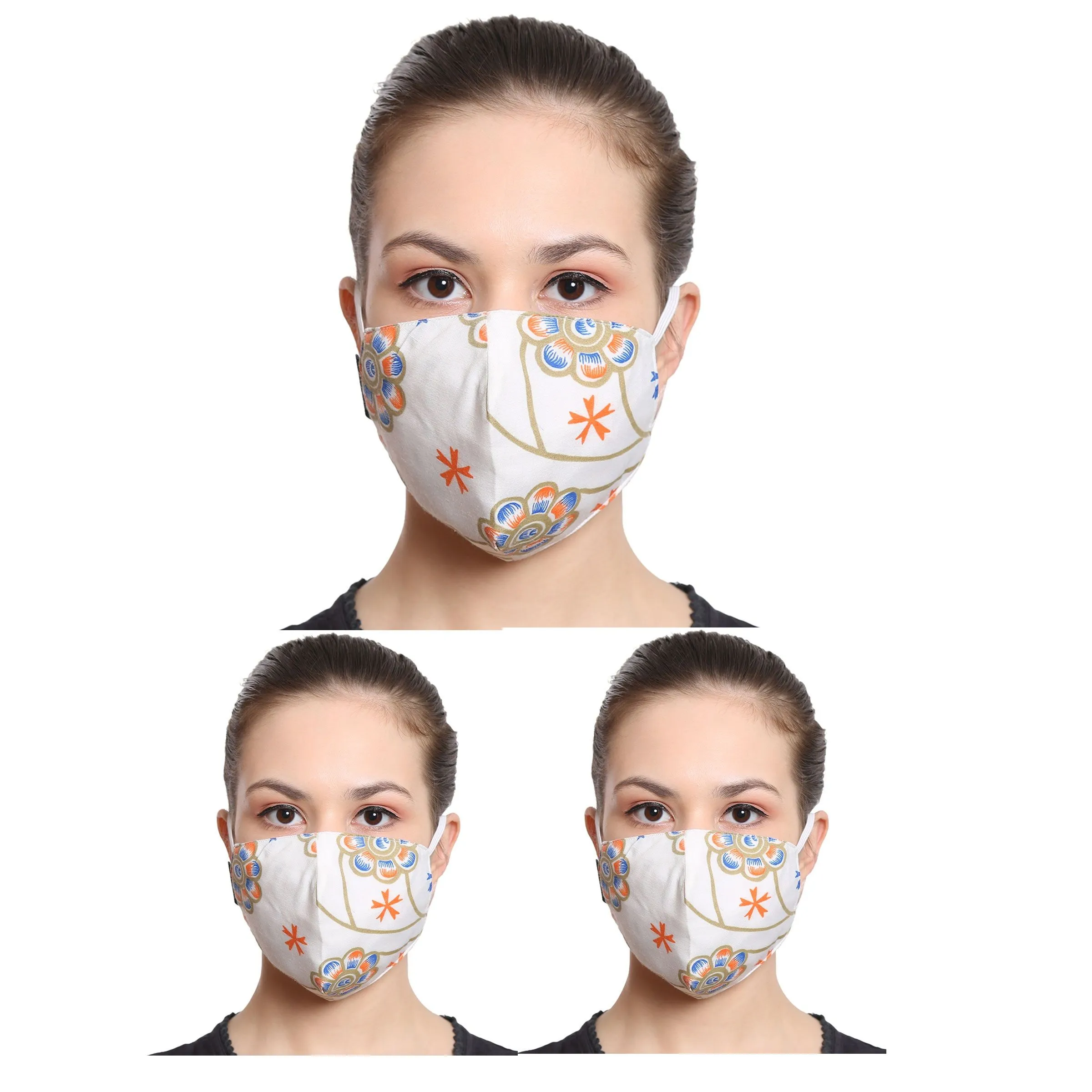 Anekaant White & Multi 3-Ply Reusable Cotton Floral Print Fabric Fashion Mask (Pack Of 3)