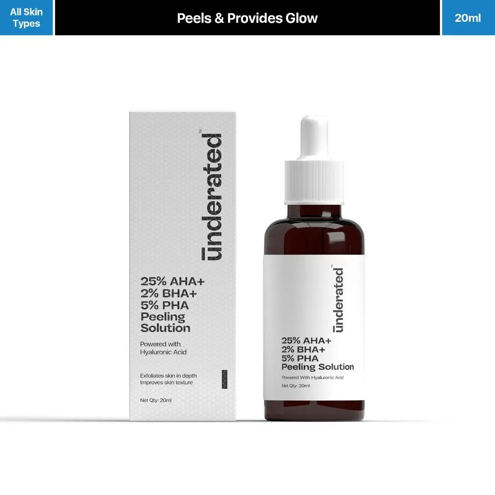 Underated 25% AHA + 2% BHA + 5% PHA Peeling Solution Powered With Hyaluronic Acid Helps to Deeply Exfoliate and Gives Glow to Skin, 20ml