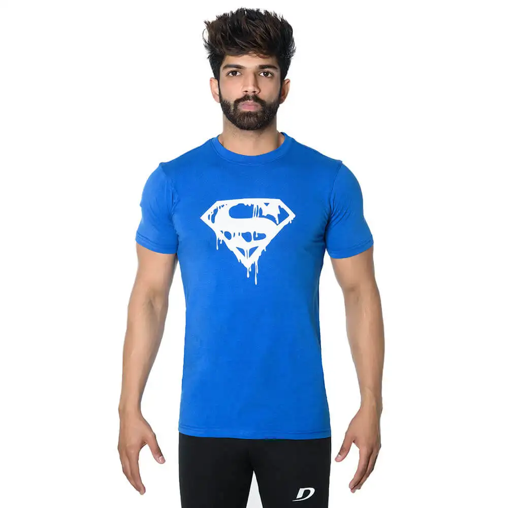 DK Active Wear Half Sleeve Gym T Shirt (Superman),  Royal Blue and White  Large