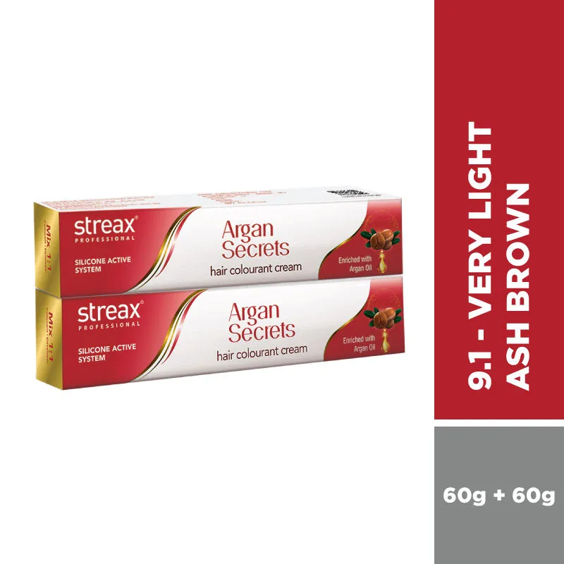 Streax Professional Argan Secret Hair Colourant Cream - Very Light Ash Brown 9.1 (Pack Of 2)