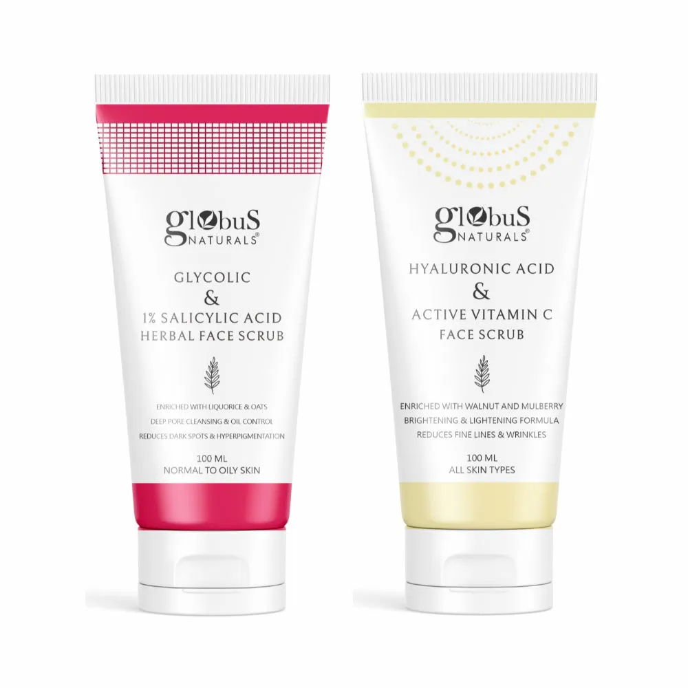 Globus Naturals Glycolic + 1% Salicylic Acid and Hyaluronic Acid + Vitamin C Face Scrub - Set of 2