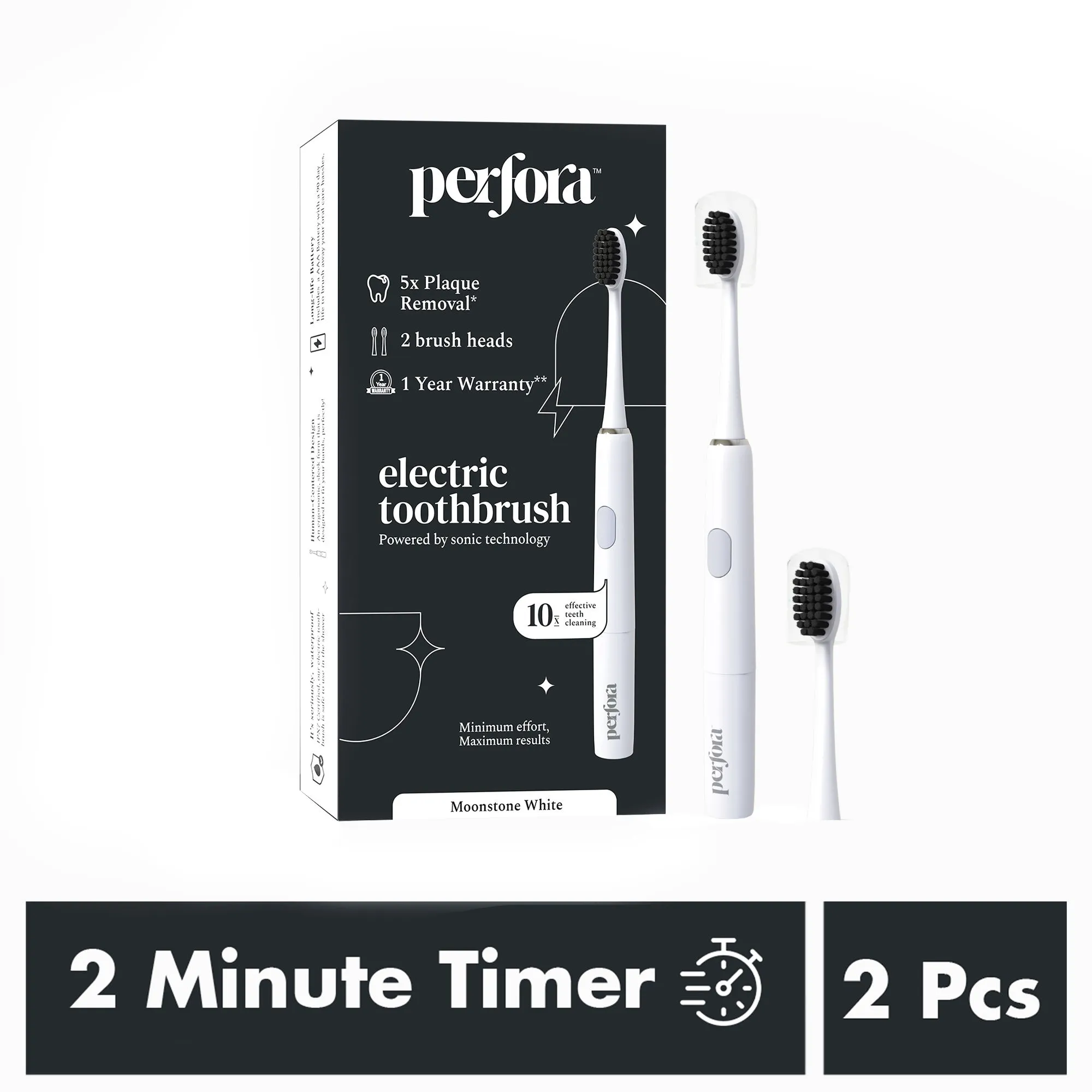 Perfora Smart Electric Toothbrush 2 Brush Heads Moonstone White