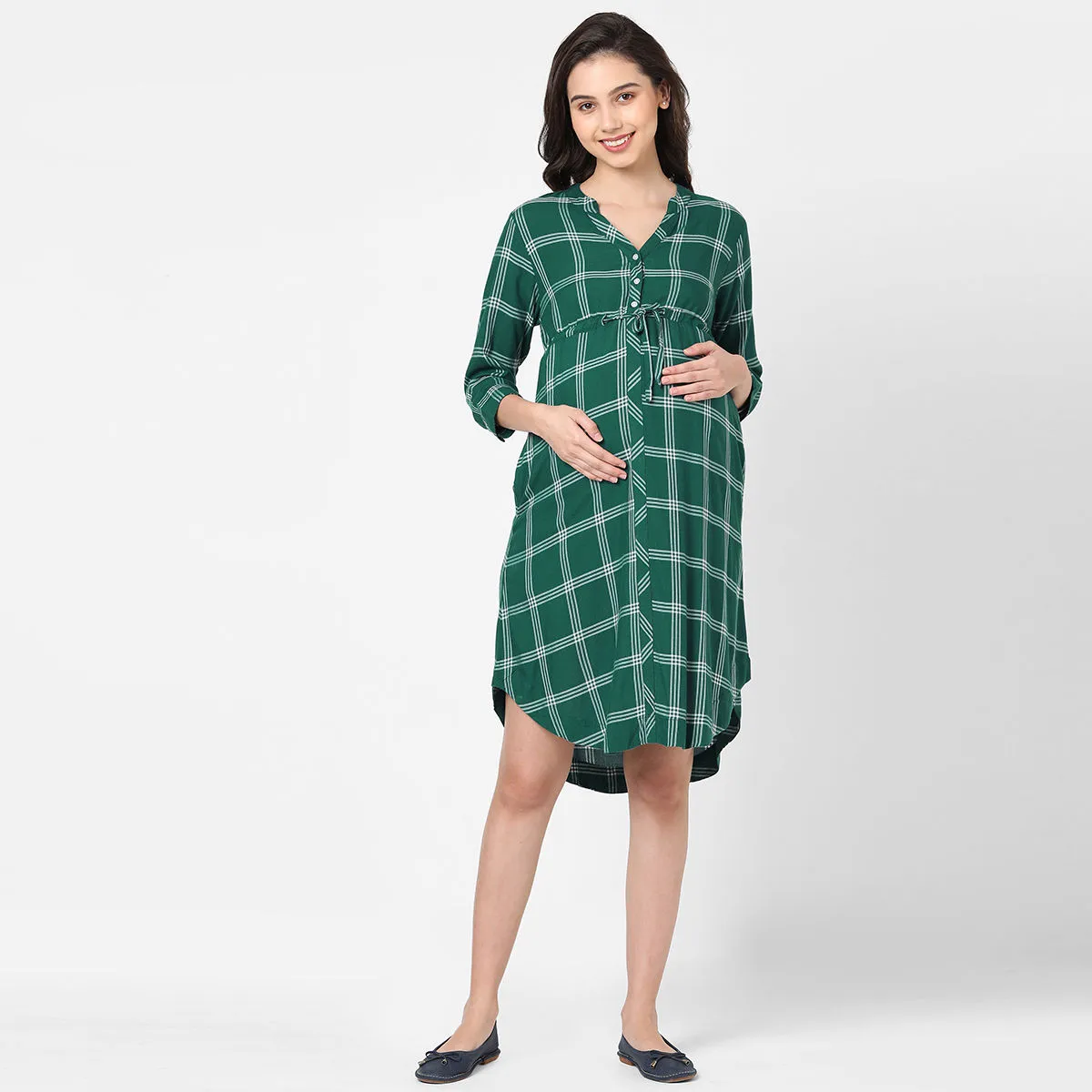 Mystere Paris Checked Maternity Dress - Green (2XL)