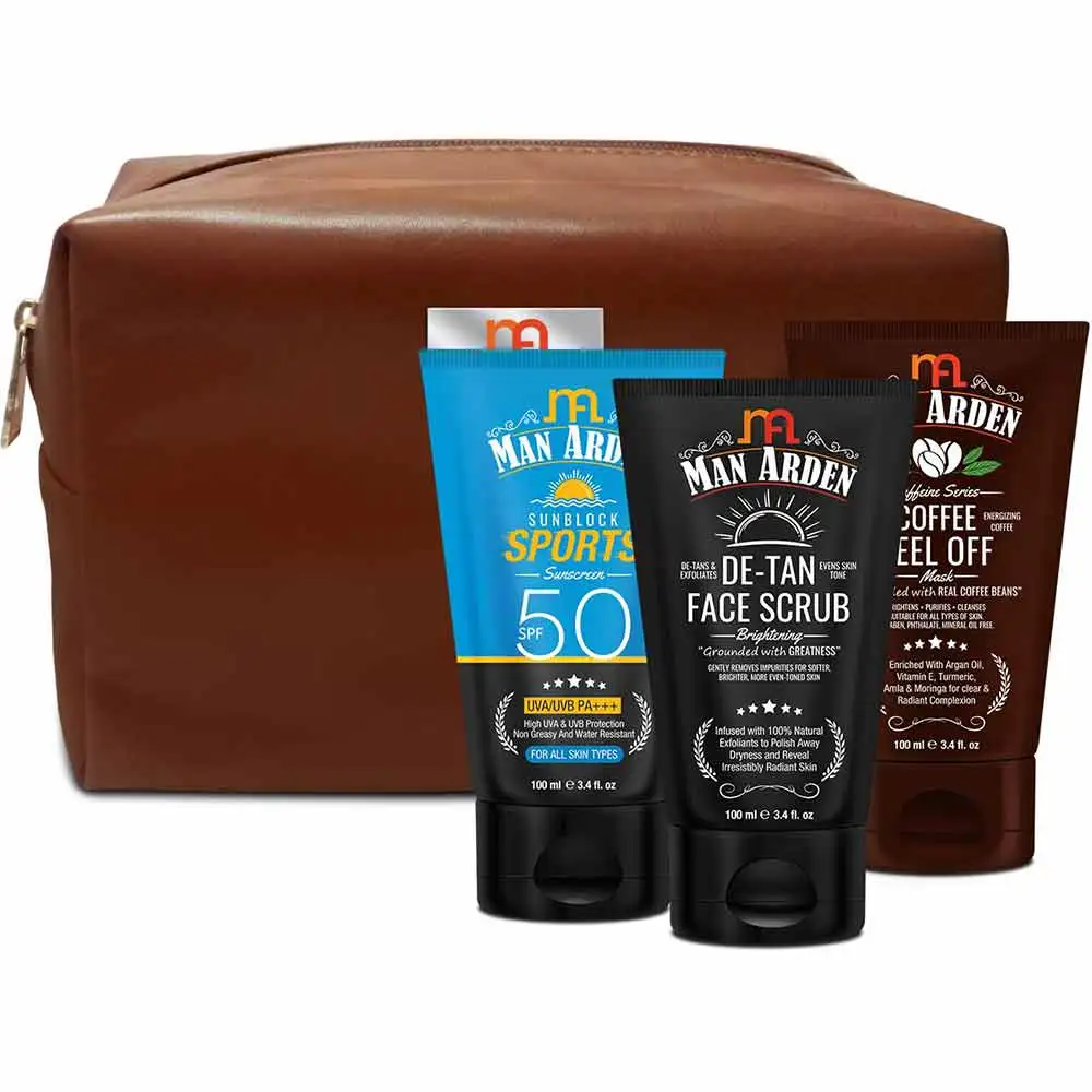 Man Arden Sunlit Grooming Combo,  3 Piece(s)/Pack  De-Tan Face Scrub, Sunblock Sports Sunscreen, Coffee Peel Off Mask With Pouch