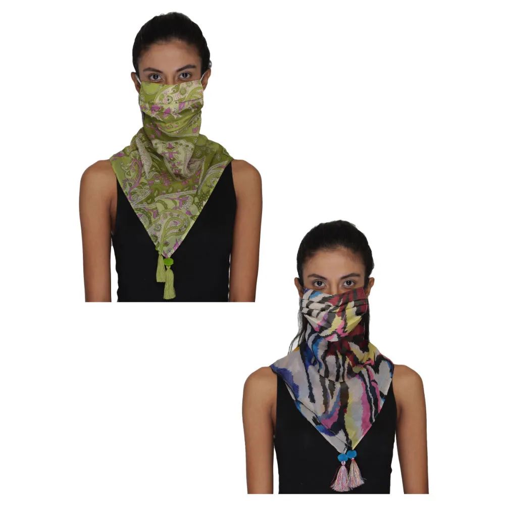 Anekaant Pack Of 2 Multicolor 3-Ply Reusable Poly Chiffon Printed Tesselled Scarf Style Fashion Mask