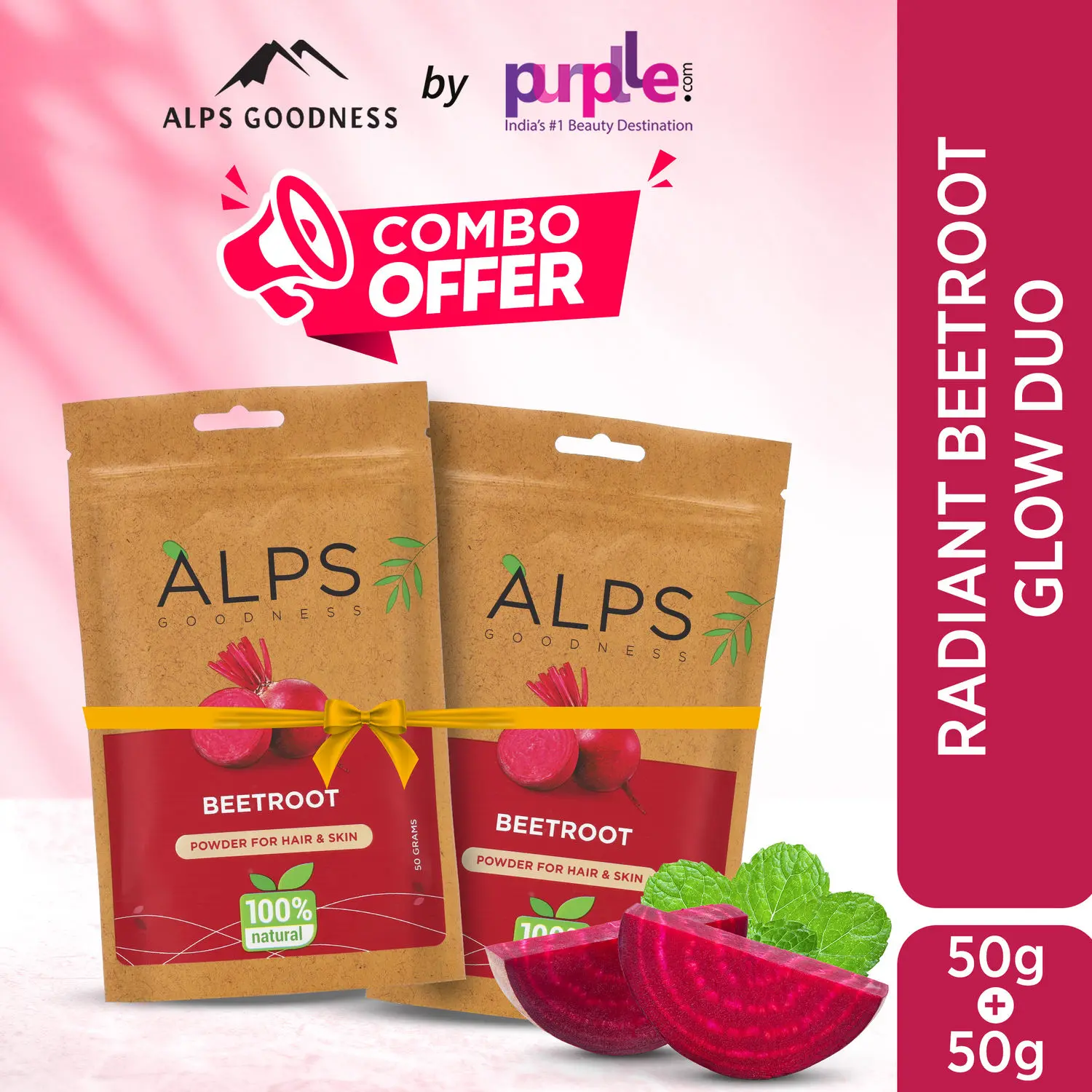 Alps Goodness Brightening Beetroot Twin Pack I Pure & 100% Natural I Chukandar Powder for Healthy Hair Growth & Skin Care (2 X 50g)
